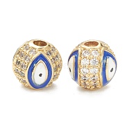 Brass Micro Pave Cubic Zirconia Charms, with Enamel,  Long-Lasting Plated, Flat Round with Evil Eye, Real 18K Gold Plated  , Blue, 8mm, Hole: 2mm(ZIRC-A019-16G-A02)