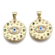Brass Micro Pave Colorful Cubic Zirconia Pendants, Nickel Free, Flat Round with Evil Eye, Real 16K Gold Plated, 21x18.5x3mm, Hole: 4.5x3.5mm(X-ZIRC-S067-078-NF)