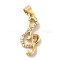 Brass Micro Pave Cubic Zirconia Pendants, Cadmium Free & Lead Free, Long-Lasting Plated, Musical Nota, Clear, Real 18K Gold Plated, 22.5x10x3mm, Hole: 3.5x4mm(KK-B059-25G)