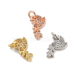 Pigeon with Leaf Brass Micro Pave Clear Cubic Zirconia Charms, with Jump Rings, Cadmium Free & Lead Free, Mixed Color, 13.5x7.5x1.5mm, Hole: 3mm(KK-G425-13)