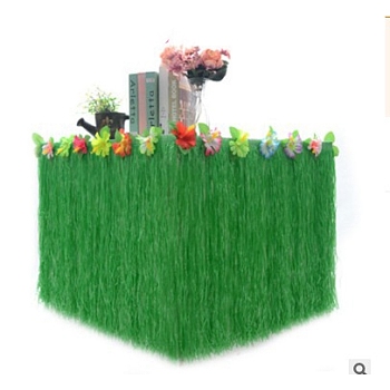 Hibiscus Artificial Grass Table Skirt, For Hawaiian Party Decorations, Tropical Party Table Decoration Accessories, Green, 2760x750mm