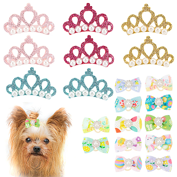 CHGCRAFT Pet's Hair Accessories Kits, including 8Pcs 4 Color Crown Shape Wool Felt Pet's Hair Barrettes, with 12Pcs Bowknot Elastic Hair Ties, Mixed Color, Hair Tie: 39x24x11.5mm, Inner Diameter: 8mm, Hair Barrettes: 47.5x26.5x13mm