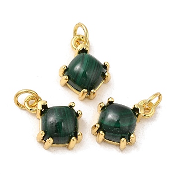 Rack Plating Brass Charms, Natural Malachite Rhombus Charms, Lead Free & Cadmium Free, Long-Lasting Plated, Real 18K Gold Plated, 11x8x4.5mm, Hole: 2.5mm