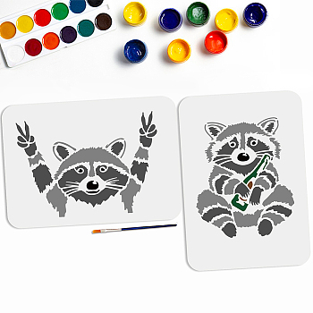 US 2Pcs PET Hollow Out Drawing Painting Stencils, for DIY Scrapbook, Photo Album, with 1Pc Art Paint Brushes, Raccoon, 297x210mm