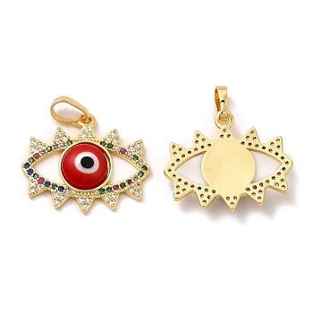 Rack Plating Brass Micro Pave Colorful Cubic Zirconia Pendants, with Handmade Evil Eye Lampwork, Cadmium Free & Lead Free, Long-Lasting Real 18K Gold Plated, Eye Charm, Red, 19x22.5x4mm, Hole: 6x3mm