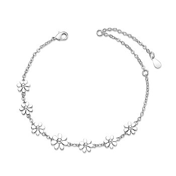 SHEGRACE Brass Link Bracelets, with Cable Chains, Daisy, Platinum, 6-1/2 inch(165mm)