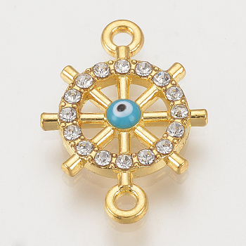 Alloy Rhinestone Links Connectors, Cadmium Free & Lead Free, Helm with Evil Eye, Sky Blue, Golden, 20.5x14.5x2mm, Hole: 1.5mm