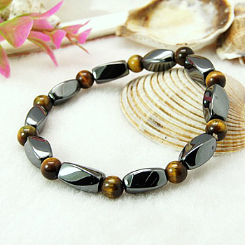 Round Natural Tiger Eye Stretch Bracelets, with Magnetic Synthetic Non-Magnetic Synthetic Hematite Beads and Elastic Cord, 50mm