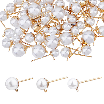 84Pcs 3 Size 304 Stainless Steel Stud Earring Findings, with Acrylic Imitation Pearl Beads & Horizontal Loops, 90Pcs Plastic Ear Nuts, Light Gold, 17~19.5x6.5~9mm, Hole: 0.8~1mm, 28Pcs/size