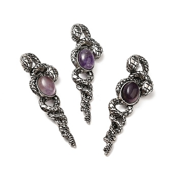 Natural Amethyst Big Pendants, Snake Charms, with Rack Plating Antique Silver Tone Alloy Findings, Cadmium Free & Lead Free, 61.5x20x13mm, Hole: 8x5.5mm