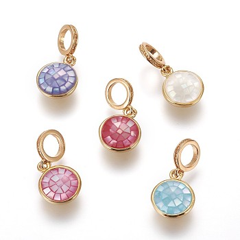 Brass Enamel European Dangle Charms, Large Hole Pendants, with Freshwater Shell, Flat Round, Golden, Mixed Color, 20.5mm, Hole: 5mm, Pendant: 9.5x4mm