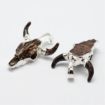 Resin Pendants, with Brass Findings, Cattle Head, Silver Color Plated, 26x22x7mm, Hole: 5x8mm