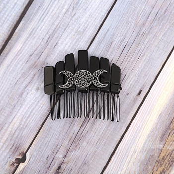 Raw Natural Obsidian Hair Combs, with Metal Triple Moon, Hair Accessories for Women Girl, 80x80x20mm