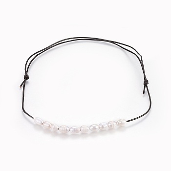 Adjustable Natural Pearl Beaded Necklaces, with Cowhide Leather Cords, White, 17.3~29.1 inch(44~74cm)