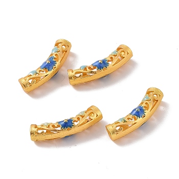 Hollow Alloy Tube Beads, with Enamel, Curved Tube, Matte Gold Color, Blue, 22.5x5mm, Hole: 3mm