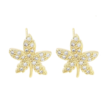 Brass Micro Pave Clear Cubic Zirconia Stud Earrings for Women, Real 18K Gold Plated, Leaf, 14.5x13mm