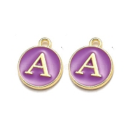 Golden Plated Alloy Enamel Charms, Enamelled Sequins, Flat Round with Alphabet, Letter.A, Purple, 14x12x2mm, Hole: 1.5mm(ENAM-Q437-12A)