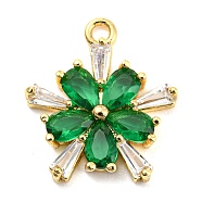 Brass Pave Cubic Zirconia Pendants, Real 14K Gold Plated, Flower, Sea Green, 16.5x14.5x2.5mm, Hole: 1.6mm(KK-Q794-01F-G)