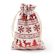 Christmas Theme Cotton Fabric Cloth Bag, Drawstring Bags, for Christmas Party Snack Gift Ornaments, Christmas Themed Pattern, 14x10cm(ABAG-H104-B12)