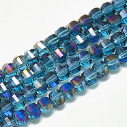 Electroplate Glass Beads Strands, Rainbow Plated, Faceted, Round, Teal, 6x5x5mm, Hole: 1mm, about 95~96pcs/strand, 17.20 inch(43.7cm)(X-EGLA-Q094-A05)