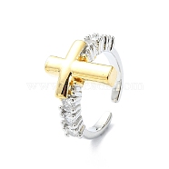 Rack Plating Brass Micro Pave Cubic Zirconia Open Cuff Rings, Cadmium Free & Lead Free, Long-Lasting Plated, Cross, US Size 6 1/2(16.9mm)(RJEW-C076-07A-G)