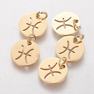 304 Stainless Steel Pendants, with Jump Ring, Laser Cut, Flat Round with Constellation/Zodiac Sign, Golden, Pisces, 12x1mm, Hole: 3mm(A-STAS-Q201-T445-12G)