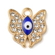 Alloy Enamel Rhinestone Glass Pendants, Golden, Evil Eye, Butterfly, 15x14x2.5mm, Hole: 2mm(ENAM-U003-02G-03)