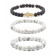 Natural Howlite & Lava Rock Round Beads Stretch Bracelets Set, Cross Brass Micro Pave Cubic Zirconia Beads Bracelets for Men Women, Golden, Inner Diameter: 2-3/8 inch(6cm), 3pcs/set(BJEW-JB06982-02)