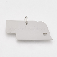 201 Stainless Steel Pendants, Map of Nebraska, Stainless Steel Color, 14x30x1mm, Hole: 3mm(STAS-T038-80)