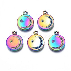 Rack Plating Rainbow Color 304 Stainless Steel Pendant Rhinestone Settings, Flat Round with Moon & Star, Fit For 1.2mm & 1.0mm Rhinestone, 19x15x2mm, Hole: 1.5mm(STAS-N098-035)