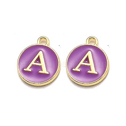 Golden Plated Alloy Enamel Charms, Enamelled Sequins, Flat Round with Alphabet, Letter.A, Purple, 14x12x2mm, Hole: 1.5mm(ENAM-Q437-12A)
