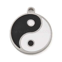 316 Surgical Stainless Steel Enamel Pendants, Flat Round with Yin-yang Charm, Black & White, Stainless Steel Color, 19.5x17x1.5mm, Hole: 2mm(STAS-M073-23P)