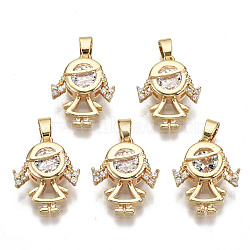 Brass Micro Pave Clear Cubic Zirconia Pendants, with Brass Snap on Bails, Nickel Free, Girl, Real 18K Gold Plated, 17.5x14x5mm, Hole: 3x4.5mm(RJEW-T063-53G-NF)