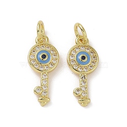Real 18K Gold Plated Brass Micro Pave Cubic Zirconia Pendants, with Enamel and Jump Ring, Key Charms, Light Sky Blue, 17.5x7x2mm, Hole: 3.4mm(KK-L209-068G-02)