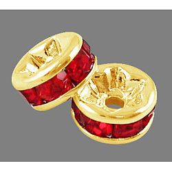 Rhinestone Spacer Beads, Grade A, Golden Copper, Rondelle, Nickel Free, Red, about 6mm in diameter, 3mm thick, hole: 1mm(X-RSB036NF-08G)