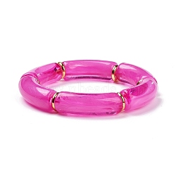 Acrylic Tube Beaded Stretch Bracelets, with Brass Beads, Hot Pink, Inner Diameter: 2-1/8 inch(5.5cm)(BJEW-JB07774-01)