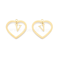 201 Stainless Steel Pendants, Hollow, Heart with Letter A~Z, Real 18K Gold Plated, Letter.V, 29x29.5x1mm, Hole: 2mm, A~Z: 12x8~10.5x1mm(STAS-N090-LA894-V-G)