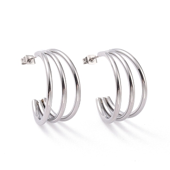 304 Stainless Steel C-shape Stud Earrings, Chunky Half Hoop Earrings for Women, Stainless Steel Color, 25x24x12mm, Pin: 0.8mm