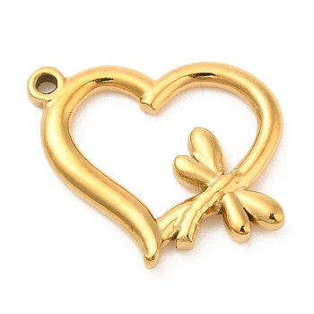Ion Plating(IP) 304 Stainless Steel Pendants, Heart with Dragonfly Charm, Golden, 20x23.5x3mm, Hole: 1.5mm