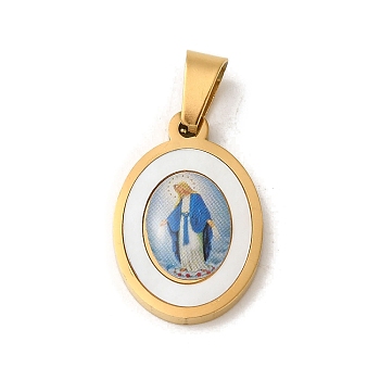 Ion Plating(IP) 304 Stainless Steel Pendants, with Pave Shell, Oval with Saint Charm, Golden, Dodger Blue, 21x14x3mm, Hole: 6x3mm