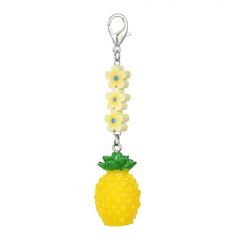 Fruit Resin Pendant Decoration, Zinc Alloy Lobster Claw Clasps and Flower Polymer Clay Beads Charm, Pineapple, 84mm