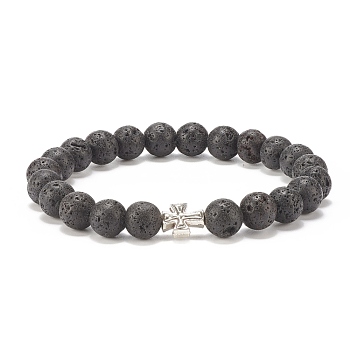 Natural Lava Rock Stretch Bracelet with Alloy Cross, Essential Oil Gemstone Jewelry for Women, Inner Diameter: 2-1/8 inch(5.5cm)