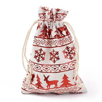 Christmas Theme Cotton Fabric Cloth Bag, Drawstring Bags, for Christmas Party Snack Gift Ornaments, Christmas Themed Pattern, 14x10cm