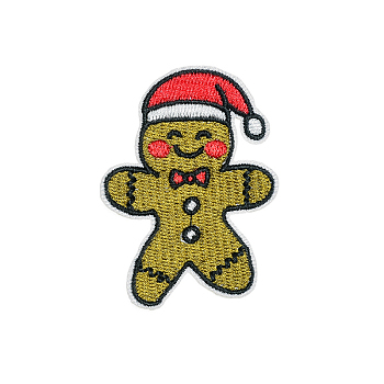 Christmas Theme Computerized Embroidery Cloth Self Adhesive Patches, Stick On Patch, Costume Accessories, Appliques, Gingerbread Man, 59x44mm