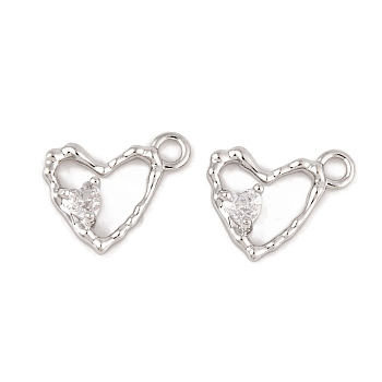 Brass Micro Pave Clear Cubic Zirconia Charms, Long-Lasting Plated, Heart, Platinum, 10.5x12x2.5mm, Hole: 1.5mm