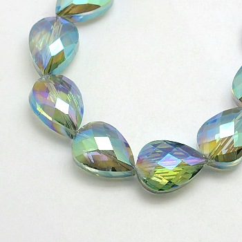 Electroplate Crystal Glass Teardrop Beads Strands, Faceted, Rainbow Color Plated, Dark Sea Green, 18x13x9mm, Hole: 1mm, about 40pcs/strand, 28.3 inch