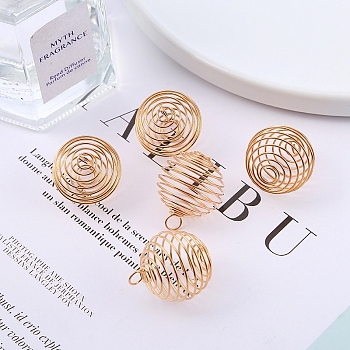 Carbon Steel Spiral Bead Cage Pendants, Hollow Spring Ball Charms, Light Gold, 30x25mm