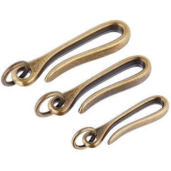 3Pcs 3 Styles Tibetan Style Alloy Hook Clasps, with Jump Rings, for Keychain Making, Antique Bronze, 49.5~69x12.5~17.5x6~8.5mm, Hole: 13mm,  1pc/style