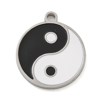 316 Surgical Stainless Steel Enamel Pendants, Flat Round with Yin-yang Charm, Black & White, Stainless Steel Color, 19.5x17x1.5mm, Hole: 2mm