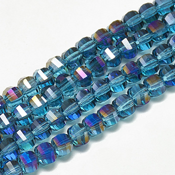 Electroplate Glass Beads Strands, Rainbow Plated, Faceted, Round, Teal, 6x5x5mm, Hole: 1mm, about 95~96pcs/strand, 17.20 inch(43.7cm)